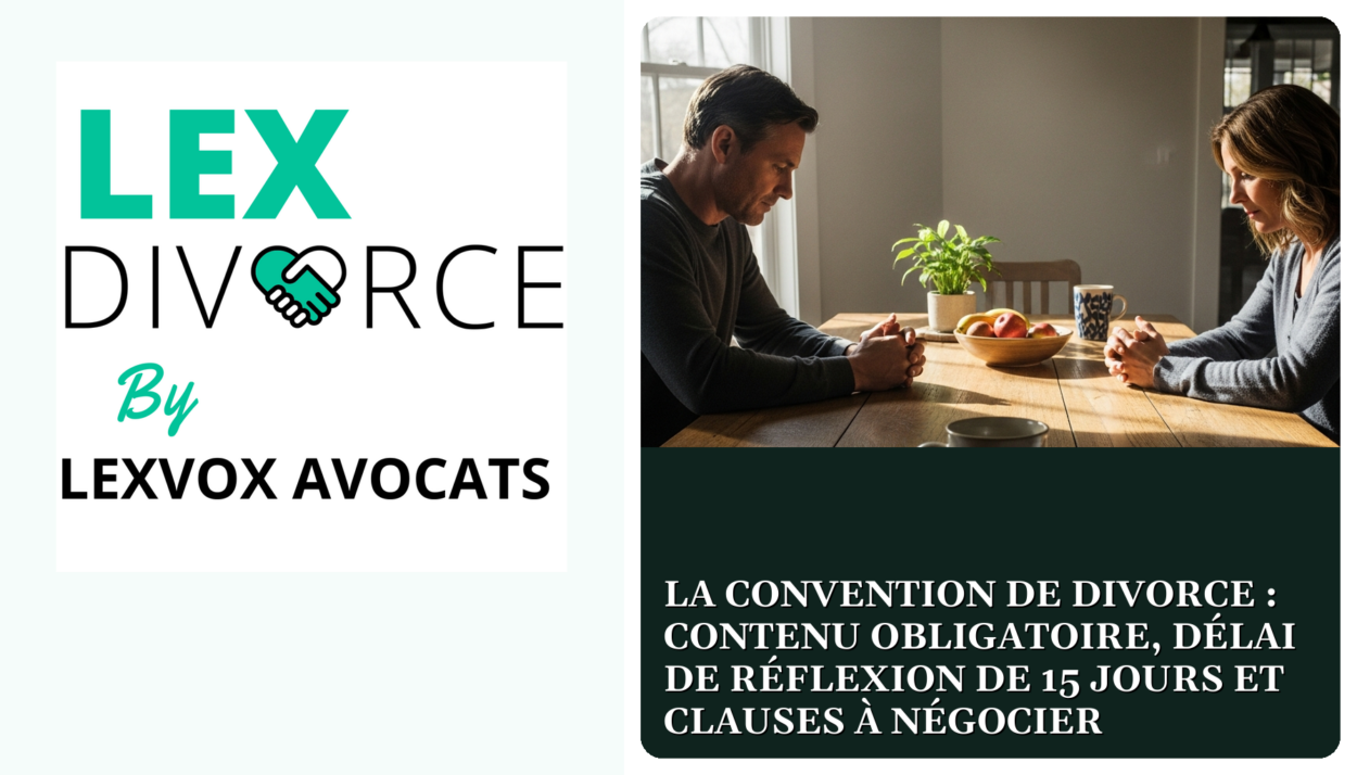 La convention de divorce : contenu obligatoire, délai de réflexion de 15 jours et clauses à négocier