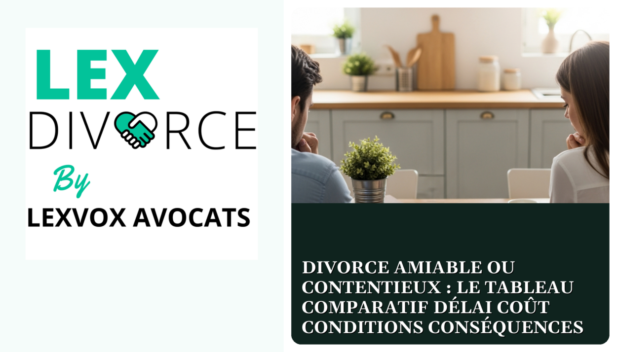 Divorce amiable ou contentieux : le tableau comparatif délai coût conditions conséquences